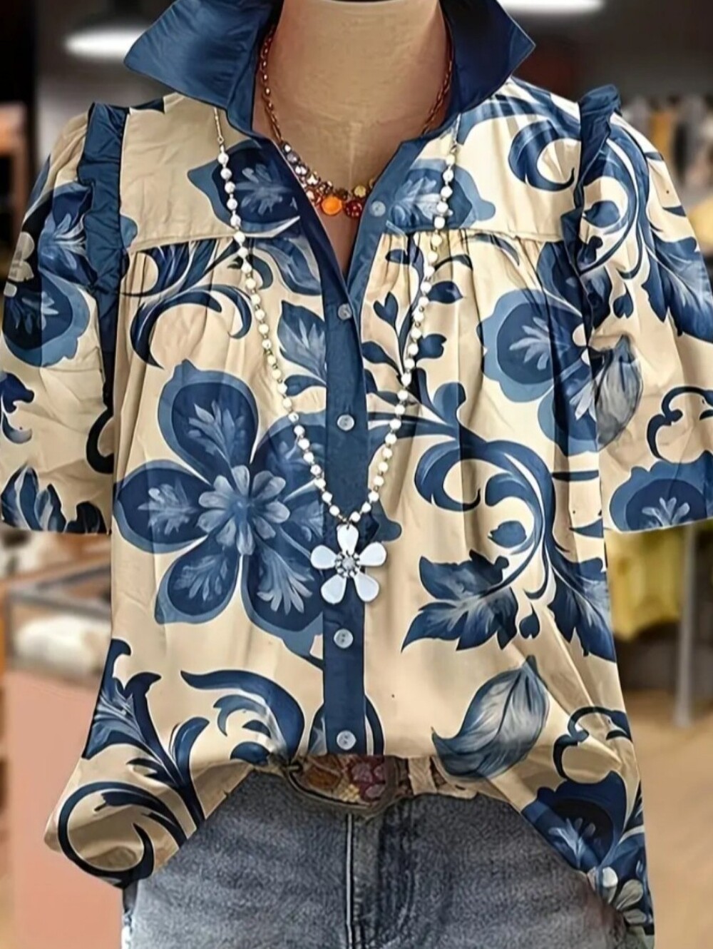Blue Floral Button-Front Women's Top